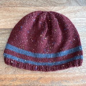 Burgundy Striped Handmade Knit Winter Hat